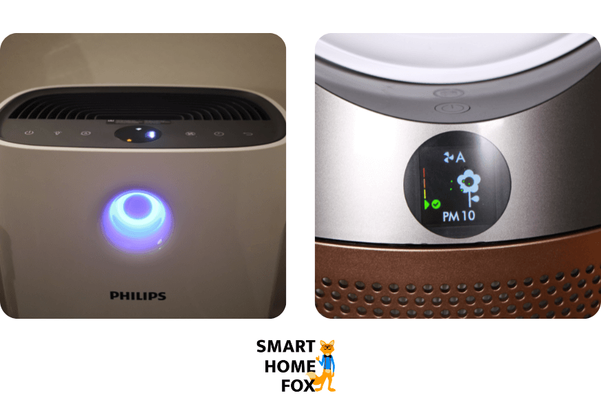 Die Luftqualitätsanzeige vom Philips AC2889/10 Luftreiniger und das Display vom Dyson Purifier Cool Luftreiniger